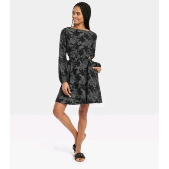 Universal Threads Women's Dress Size Medium Black Floral Linen Long Sleeve Dress - Picture 1 of 14